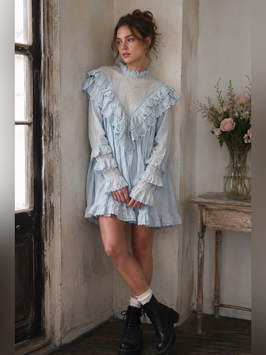 ASOS Dresses & Skirts - ASOS DESIGN Boho High Neck Angled Frill Mini Dress in Soft Blue - Size 4